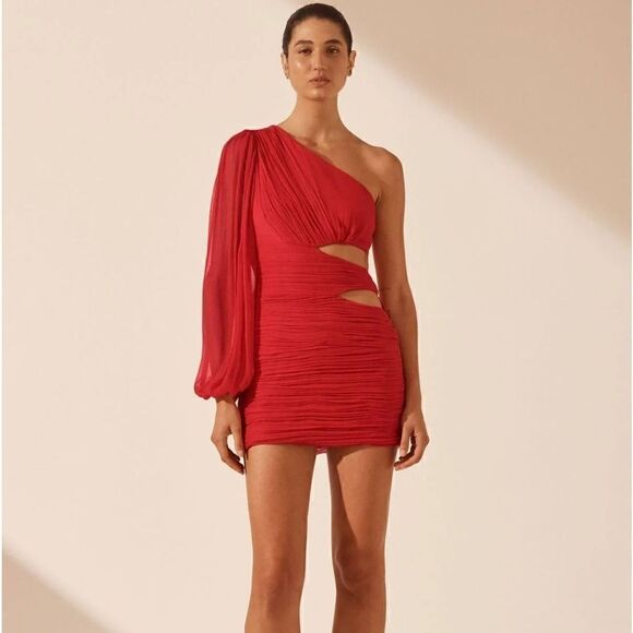 Free People Shona Joy Margot One Shoulder Cut Out Mini Dress - Sailor Red Size 8 - Picture 1 of 12
